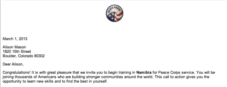Peace Corps invitation